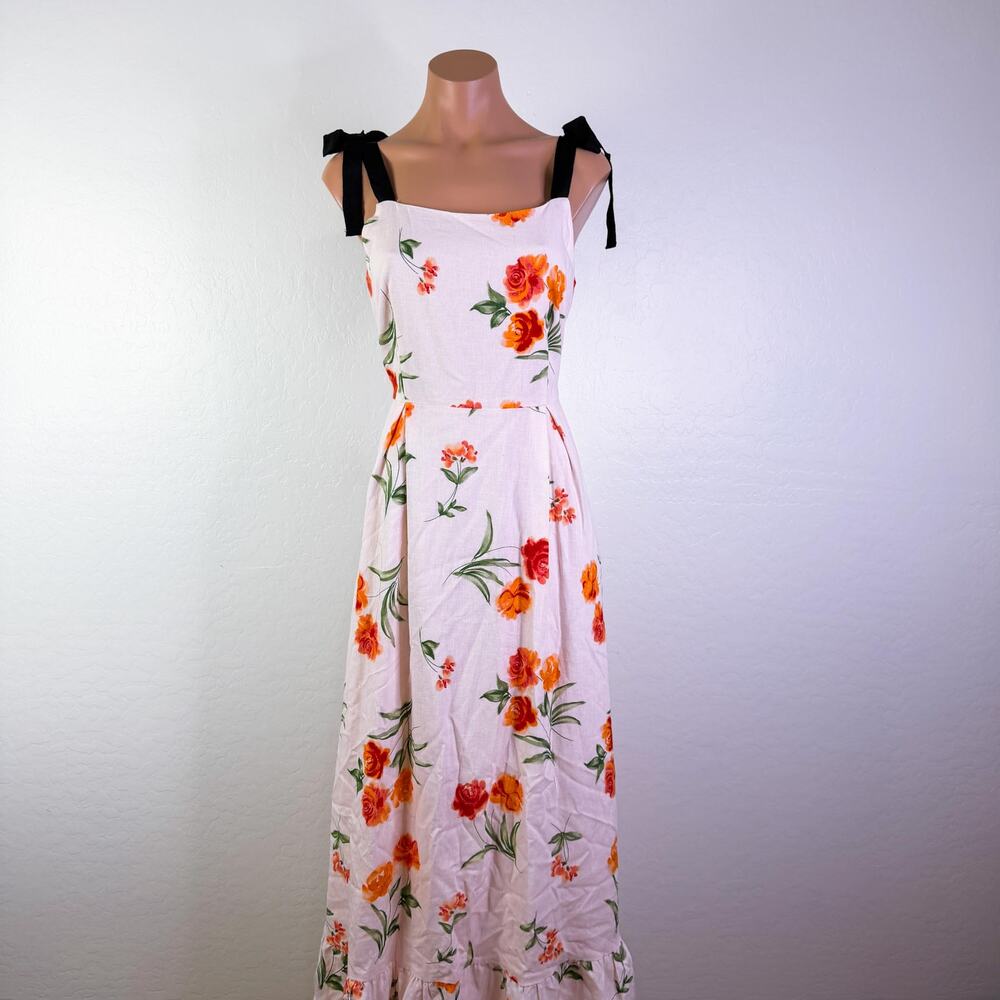 GB Coquette Linen Tie Shoulder Floral Midi Long Dress Peach Pink sz S Spring NWT